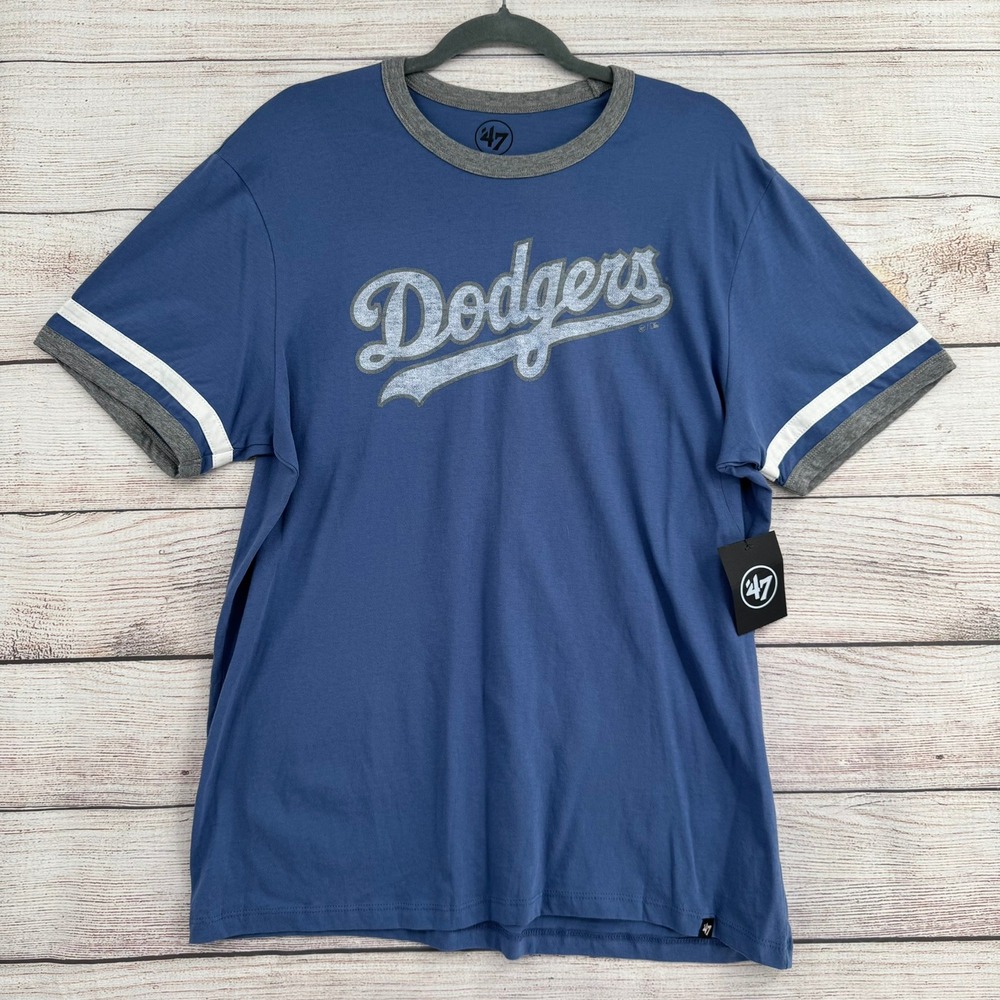 '47 Dodgers T-Shirt Mens Large Blue Ringer Short Sleeve Distressed Logo NEW